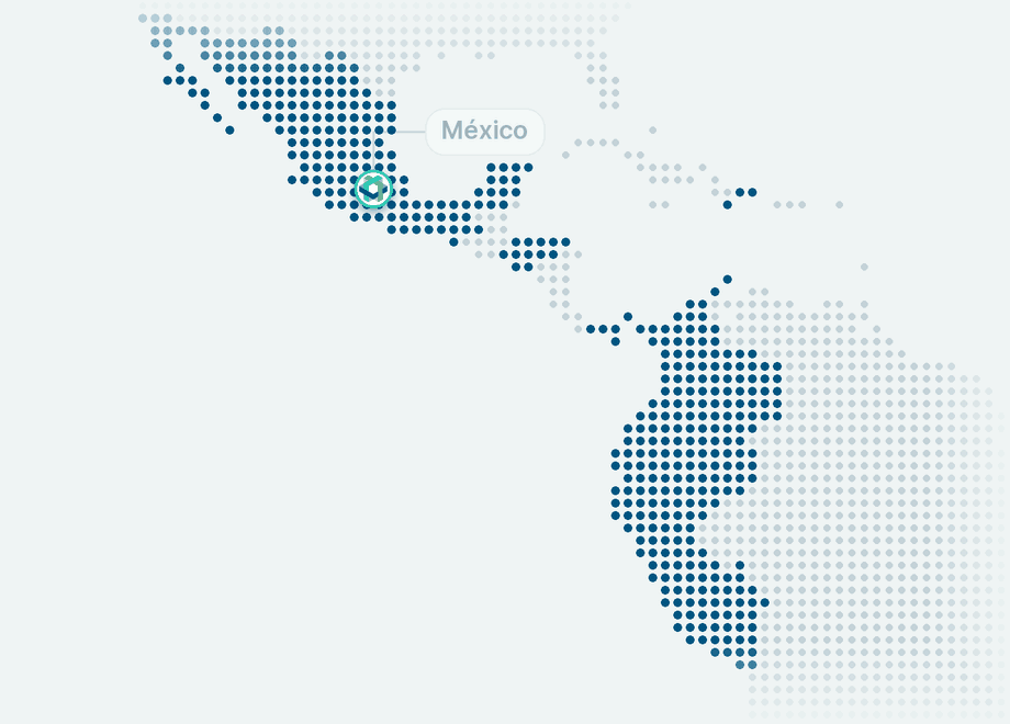 Mapa de presencia en 8 países: México, República Dominicana, El Salvador, Honduras, Panamá, Colombia, Ecuador y Perú