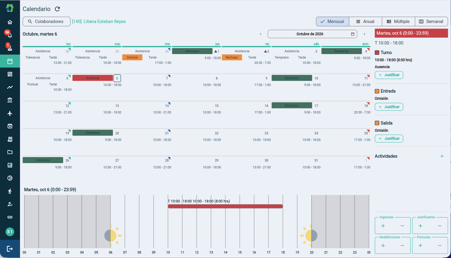 Pantalla real de TimeBlock: calendario del colaborador